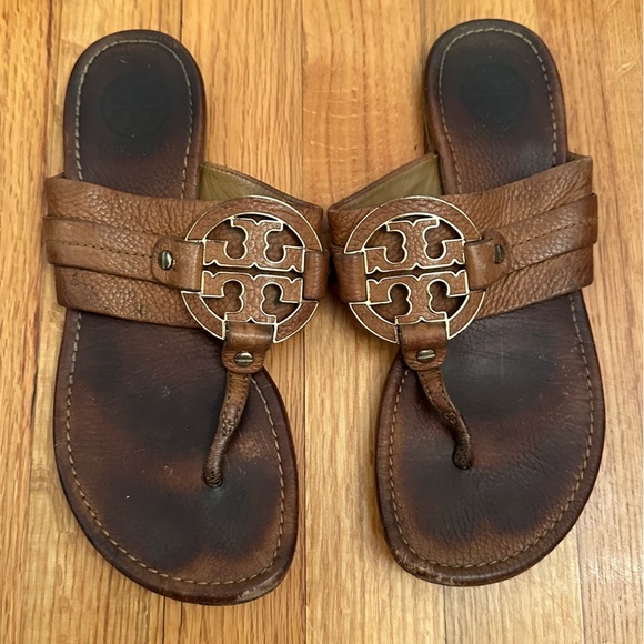Tory Burch Brown Leather Flat Thong Sandals Size 8 - Picture 1 of 8